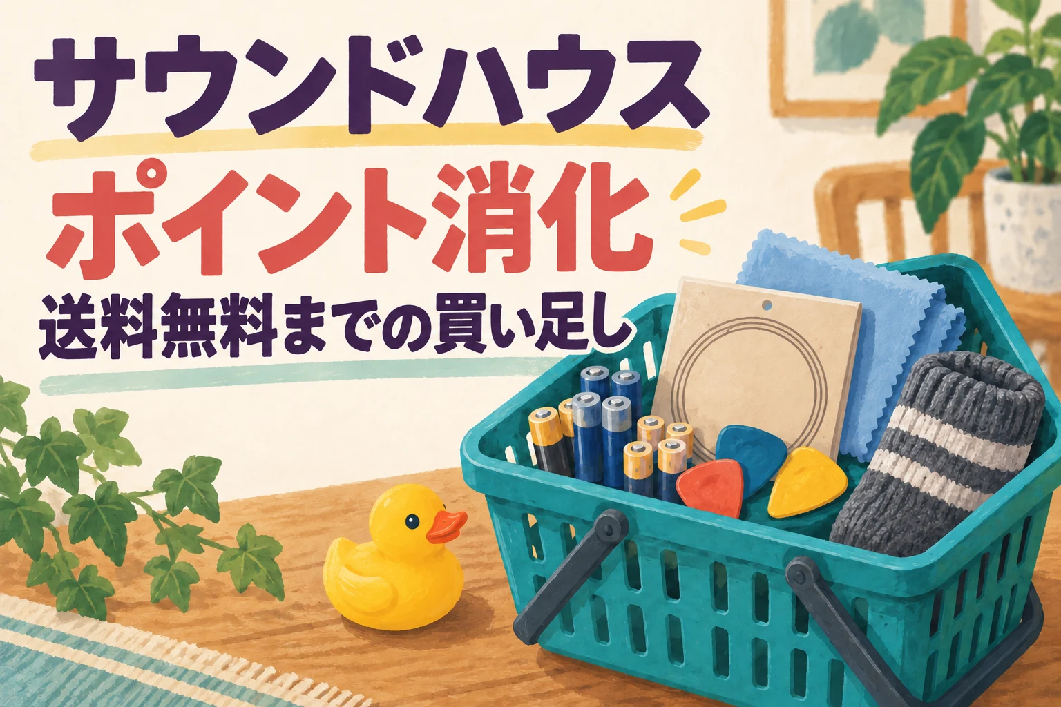 サウンドハウスのポイント消化と送料無料までの買い足しの文字、電池・ピック・弦・靴下の入った買い物かごとアヒルのイラスト